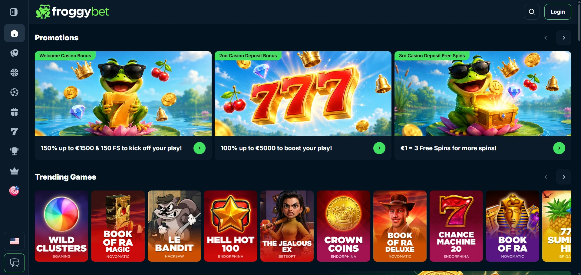 Startpagina van FroggyBet met promotiebanners en een rij populaire spellen