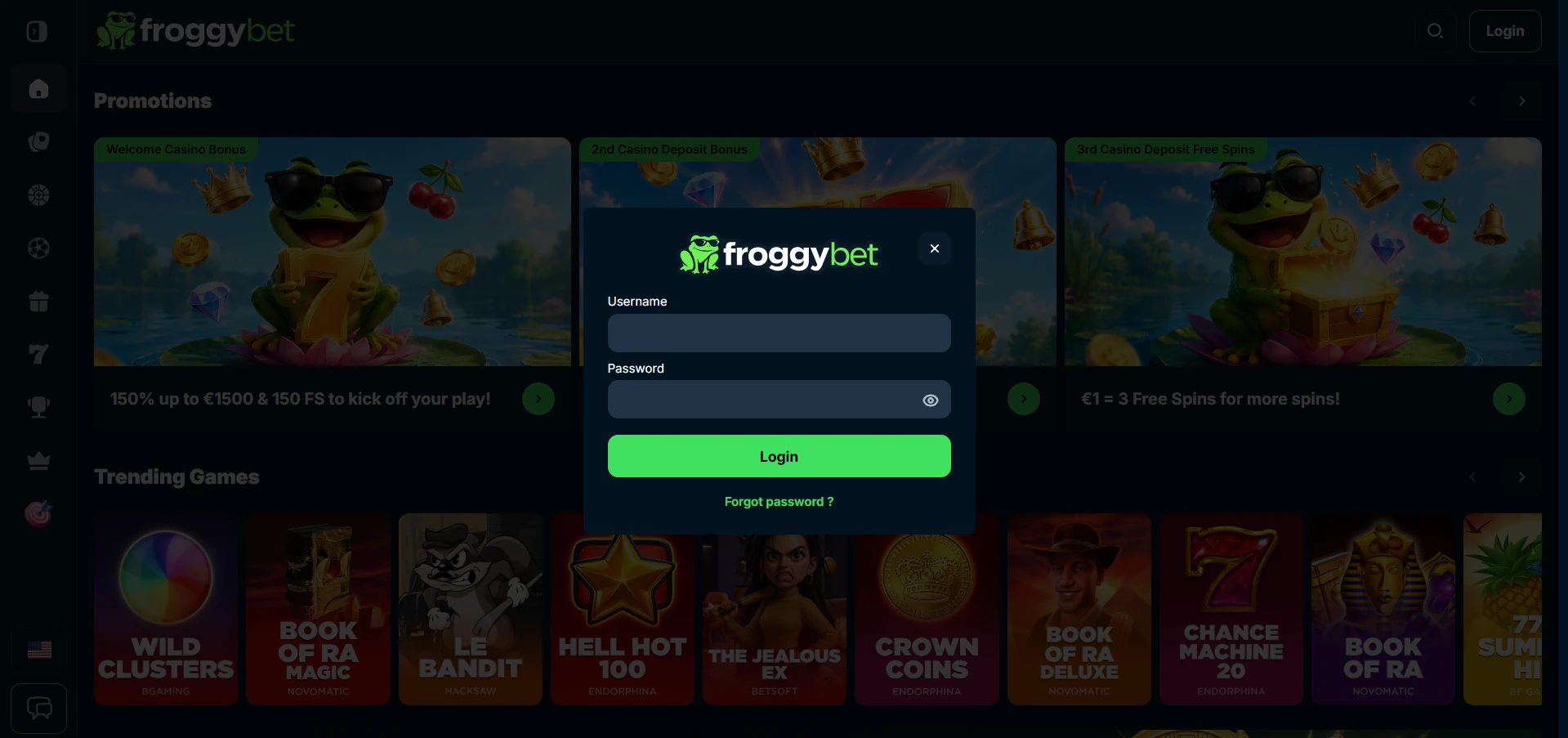 Inlogvenster van FroggyBet met velden voor gebruikersnaam en wachtwoord